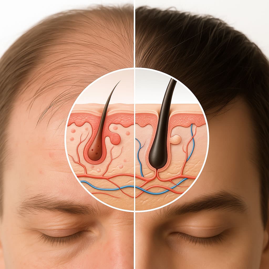 Vergleich der Kopfhaut: links entzündete Haut mit Haarausfall, rechts gesunde Kopfhaut mit kräftigen Haarwurzeln im Querschnitt