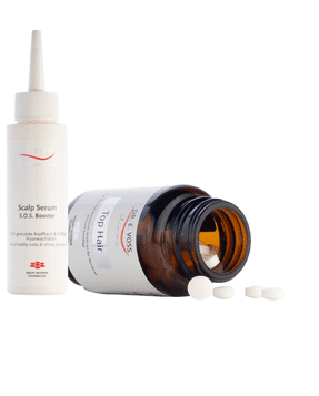 Das Produkt Top Hair von Dr. E. Voss als Nahrungsergänzungsmittel und das Produkt Scalp Serum zur Unterstützung von vollerem und dichterem Haar