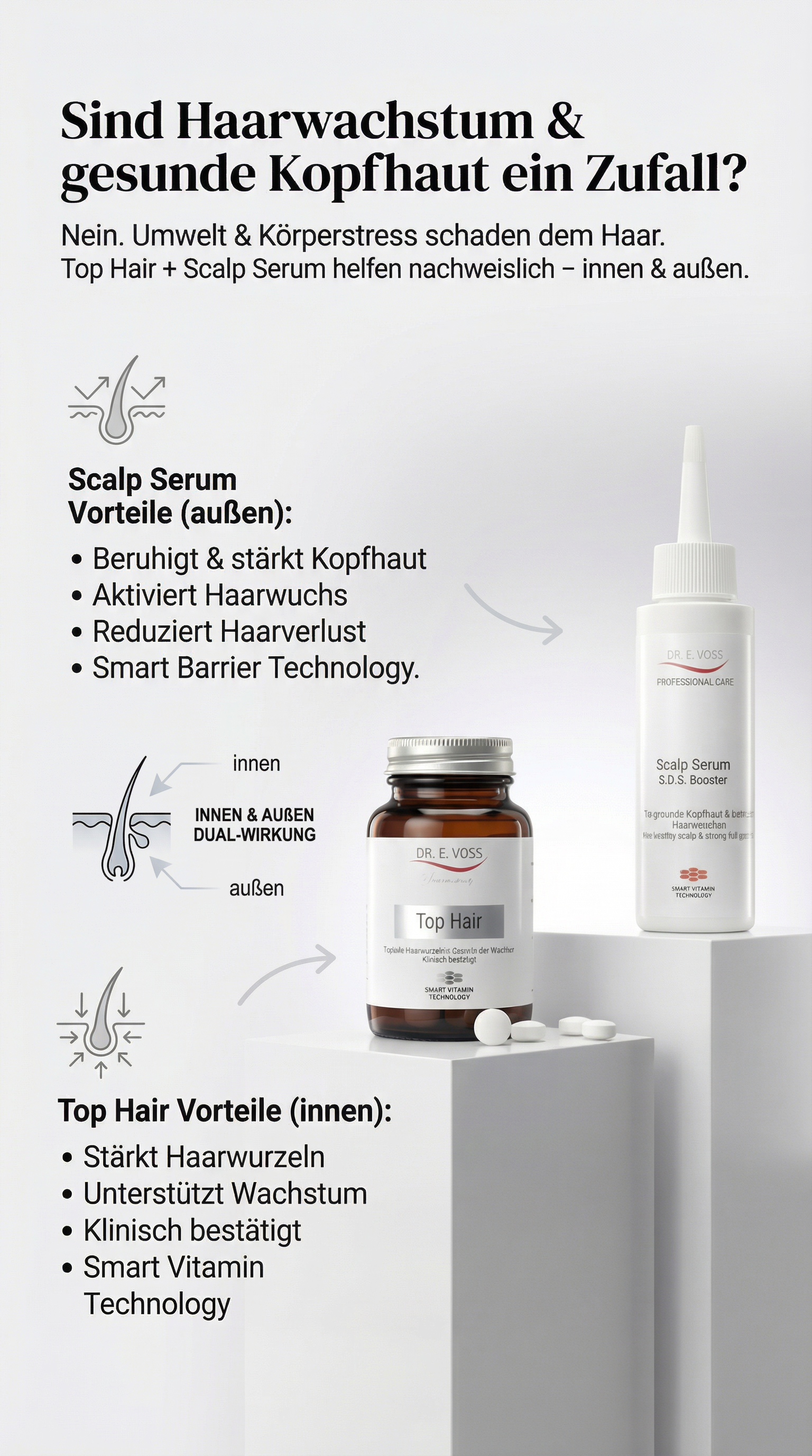 Wirkstoffgrafik zu Dr. E. Voss Produkten Top Hair und Scalp Serum Wirkstoffgrafik zu Dr. E. Voss Produkten Top Hair Tabletten und deren Vorteile für die Förderung des Haarwachstums von Innen und Scalp Serum und deren Vorteilen zur Beruhigung der Kopfhaut und Förderung des Haarwachstums von außen.