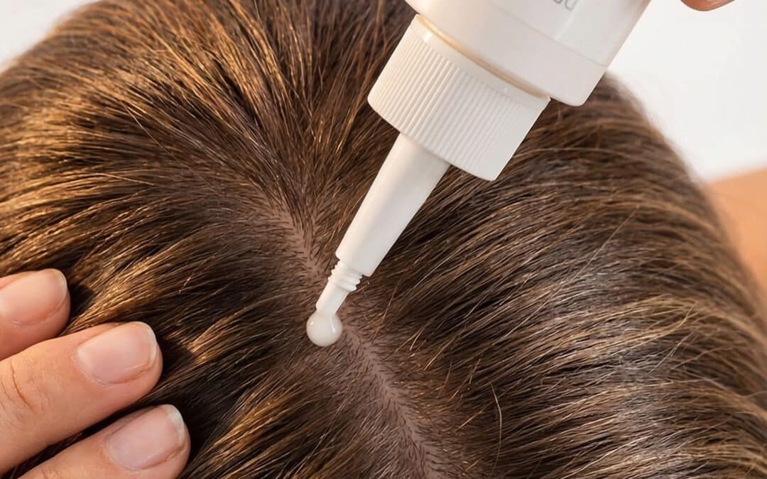 Präzise Anwendung des Dr. E. Voss Scalp Serum S.O.S. Boosters auf die gescheitelte Kopfhaut zur Unterstützung des Haarwachstums.