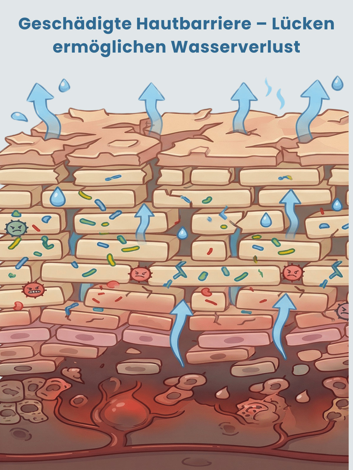 Grafik einer gestörten Hautbarriere in Mauersymbolik, die Lücken in der Lipidbarriere ermöglichen Wasserverlust