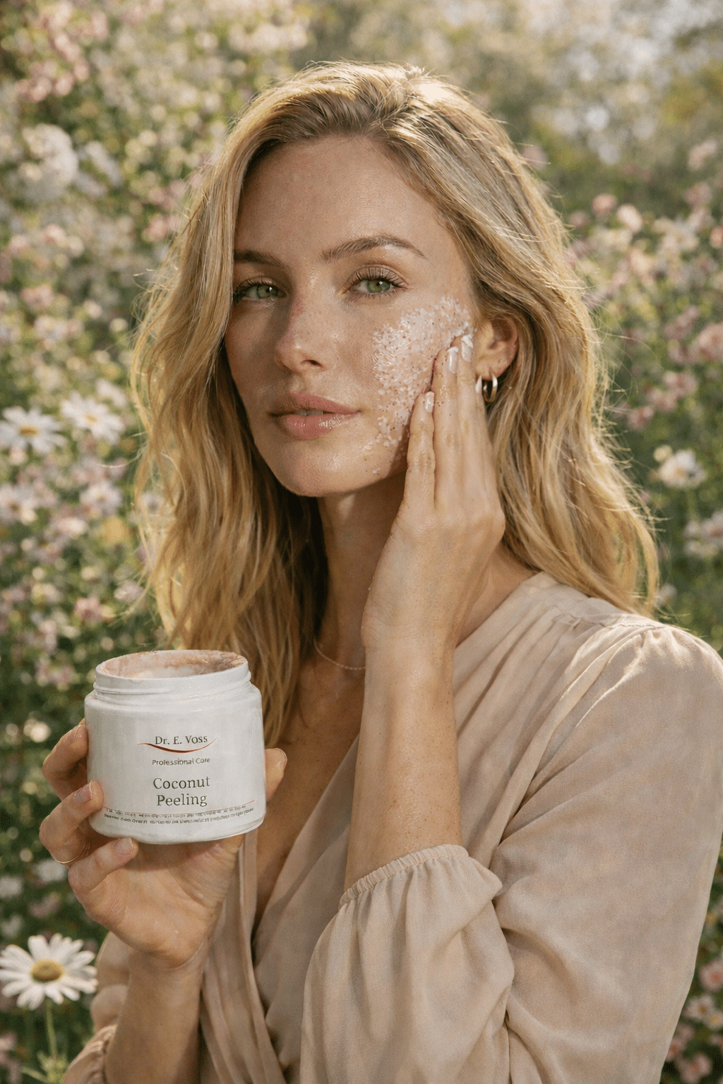 Ein Modell benutzt das Dr. E. Voss Coconut Peeling vor einem frühlingshaften Blumenhintergrund