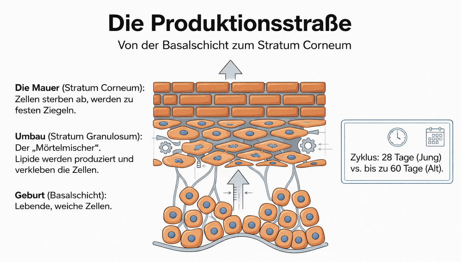 Produktionsstraße Hautzellen Grafik der Produktionsstraße von Hautzellen von lebendigen Zellen zu abgestorbenen Zellen an die oberste Schicht