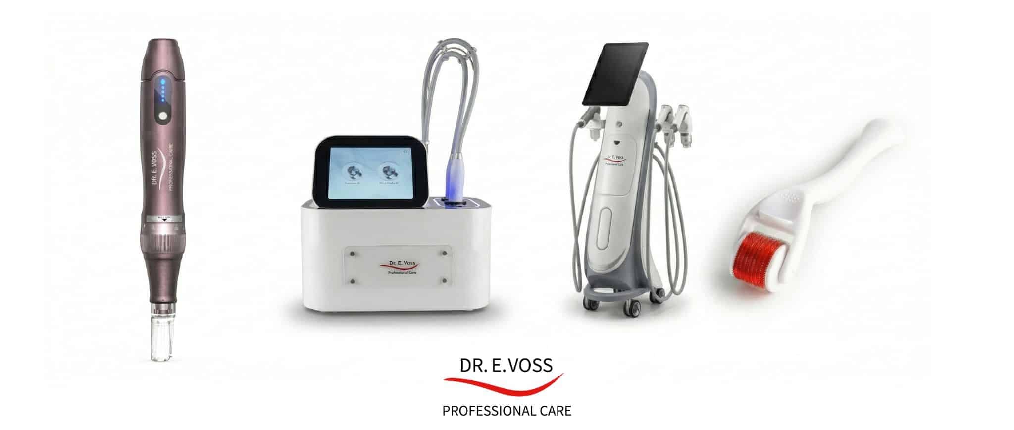 Alle Needling Technologien von Dr. E. Voss auf einem Bild: Pen, RF Needling Geräte und Needlingroller